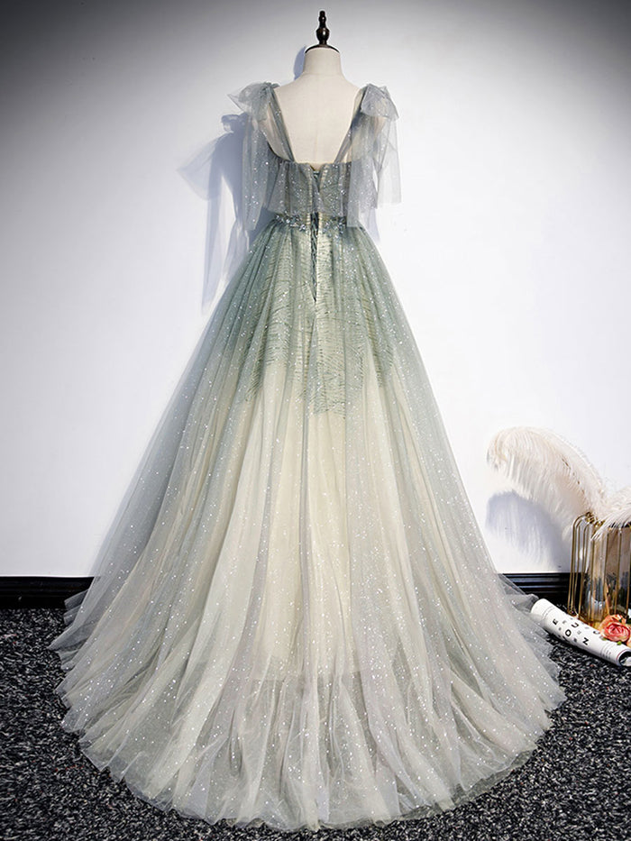 Gray green tulle long prom dress A line tulle formal dress