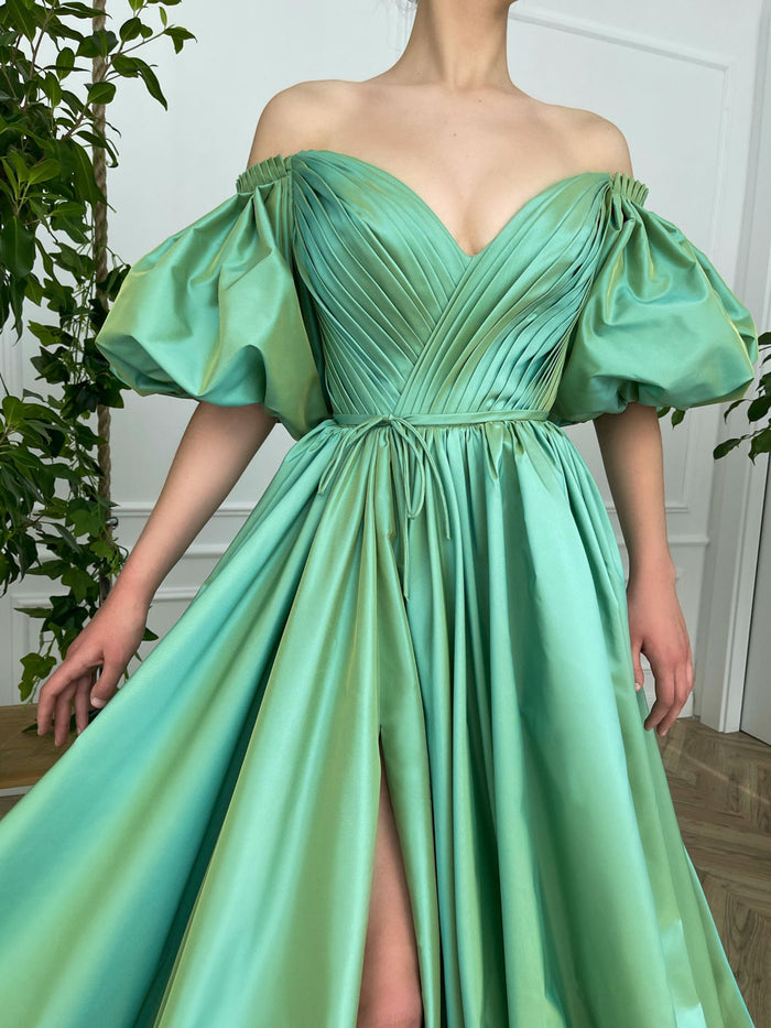 Simple  green satin v neck long prom dress, green evening dress