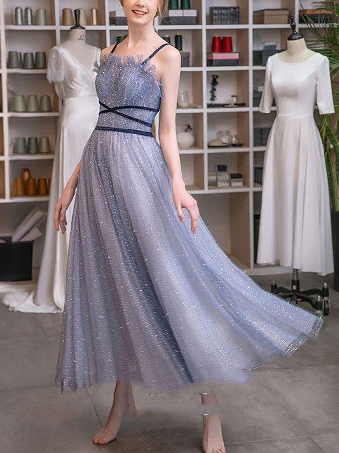 Unique A line tulle tea length prom dress, tulle formal dress