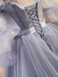 A-Line V Neck Tulle Lace Gray Blue Long Prom Dress, Formal Graduation Dress