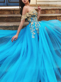 blue tulle lace long prom dress, blue lace evening dress