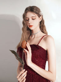 Burgundy tulle tea length prom dress, burgundy evening dress