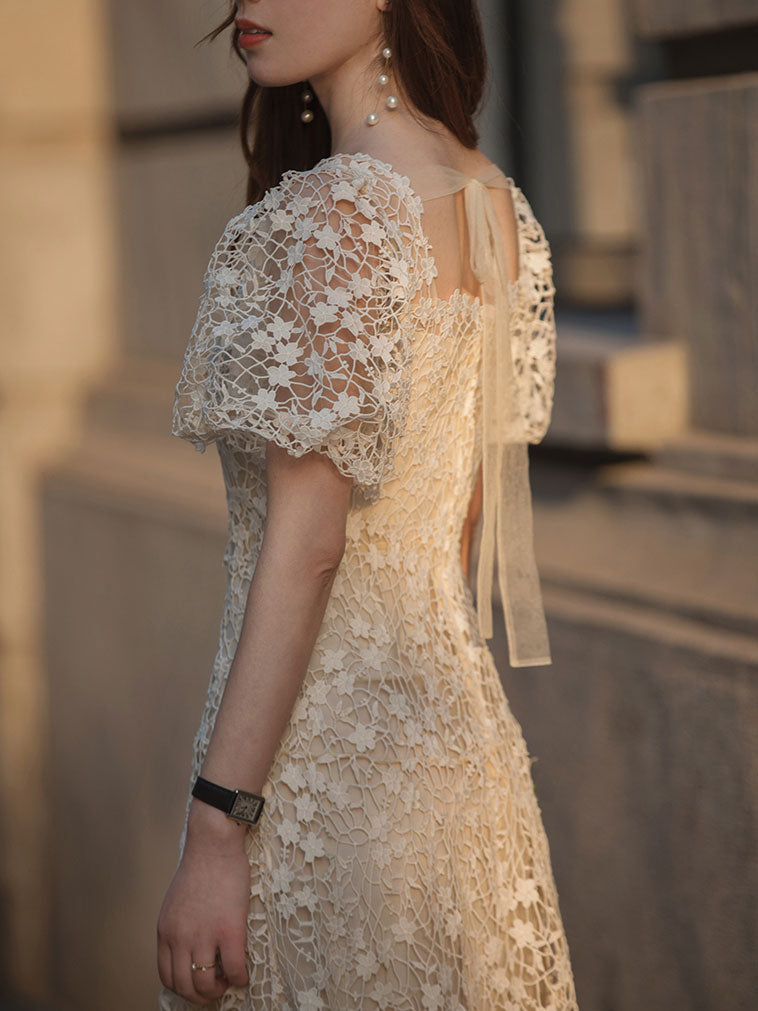 Cute beige lace short prom dress, beige lace bridesmaid dress