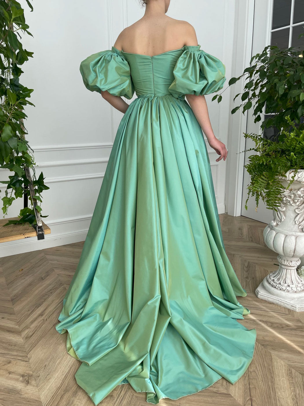 Simple  green satin v neck long prom dress, green evening dress