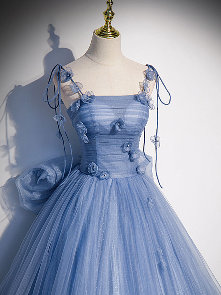 Blue tulle long prom dress, blue tulle formal dress