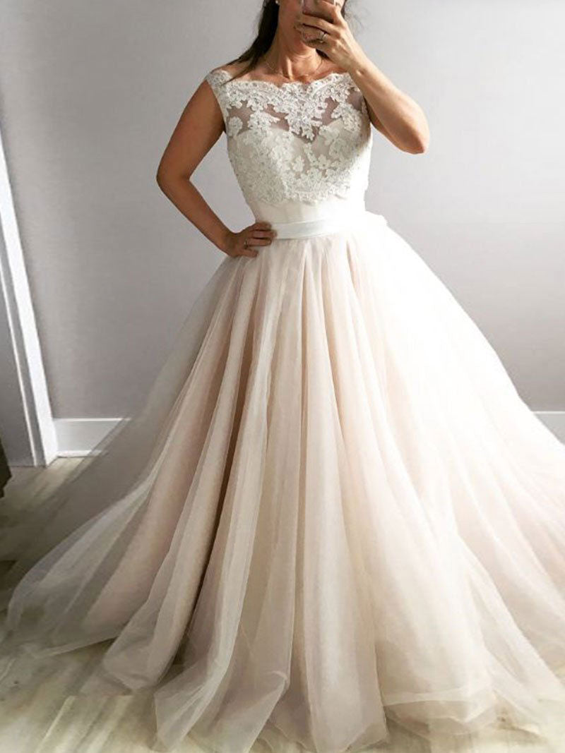 Light champagne tulle lace long prom dress, champagne tulle evening dress