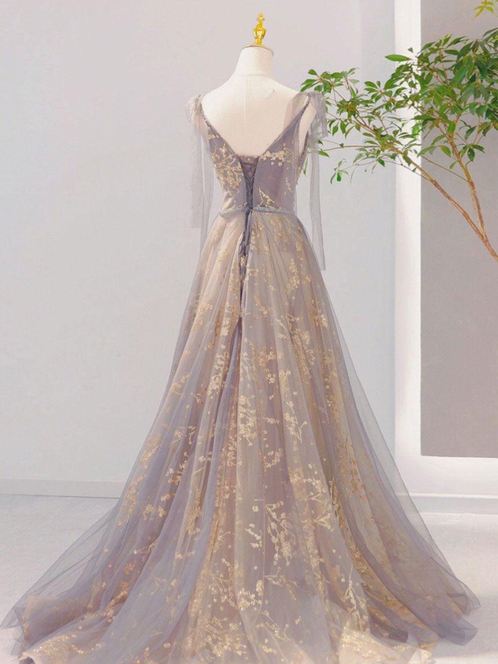 A-Line V Neck Tulle Long Prom Dresses, Tulle Formal Evening Dresses