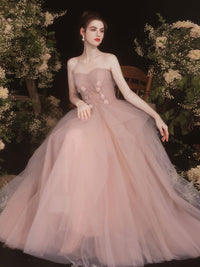 Pink sweetheart neck tulle long prom dress, pink bridesmaid dress