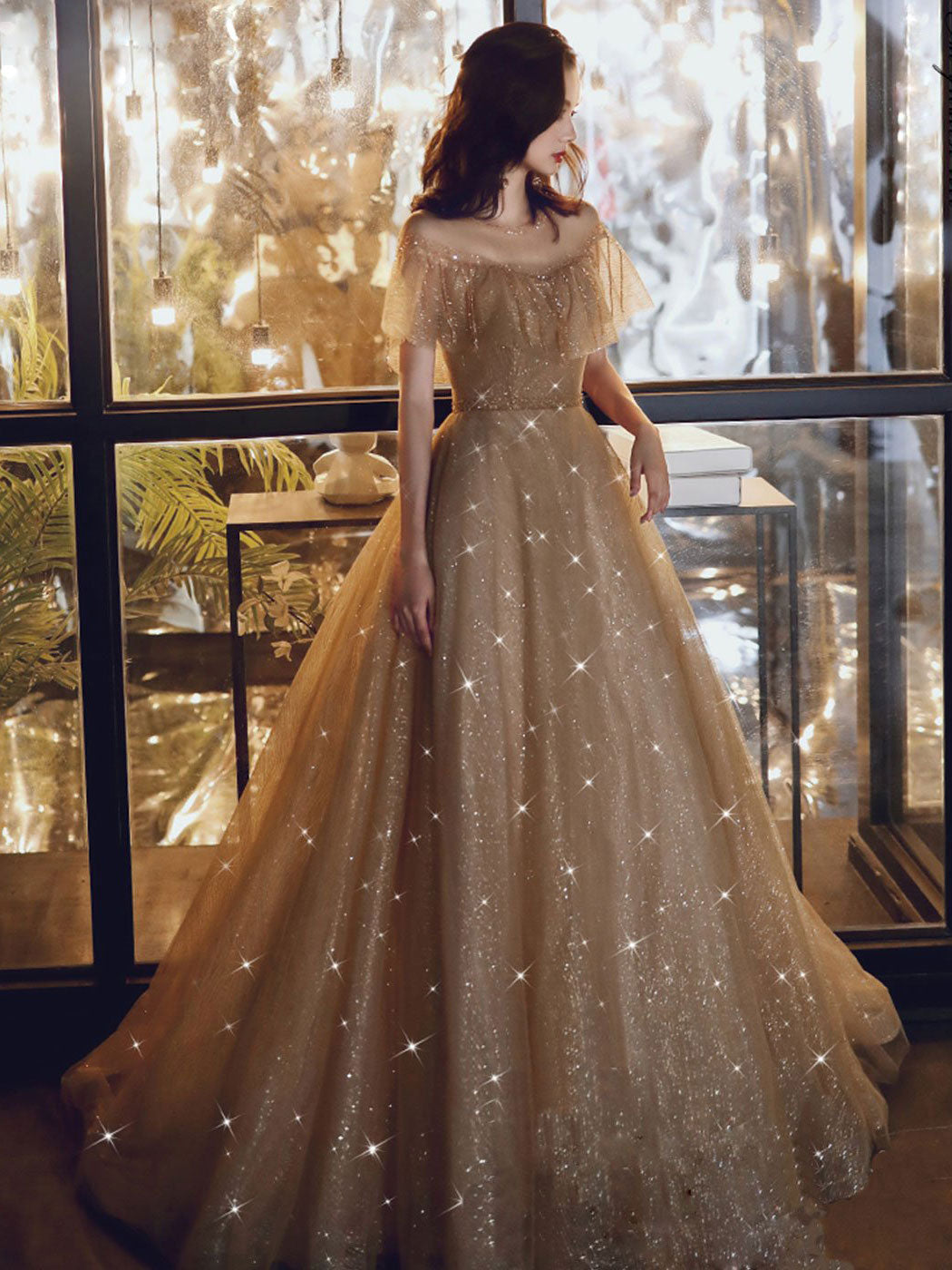 Champagne tulle long prom dress champagne formal dress toptby Champagne tulle long prom dress champagne formal dress toptby
