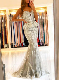 Gray sweetheart neck lace mermaid long prom dress, lace formal dress