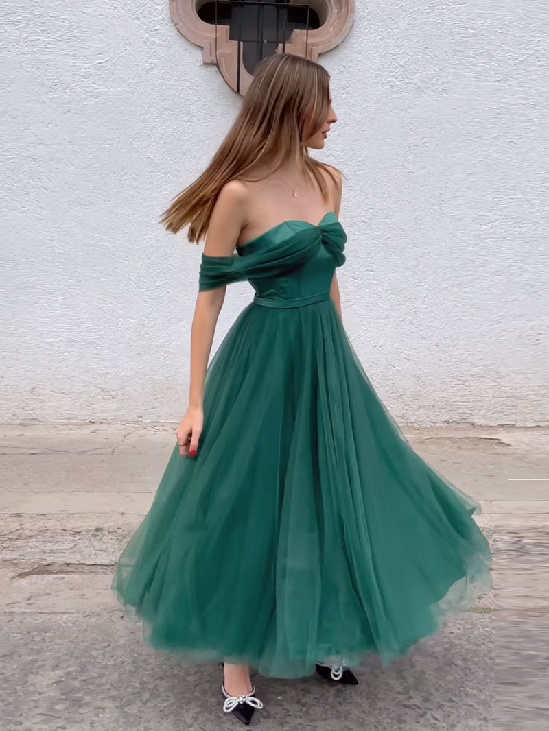 Aline Green Tulle Prom Dress, Tea Length Green Formal Party Dress