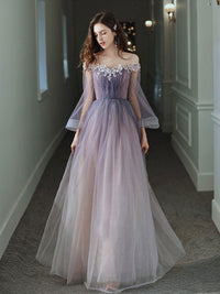 Purple tulle lace off shoulder long prom dress, purple evening dress