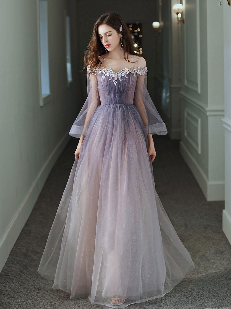 Purple tulle lace off shoulder long prom dress, purple evening dress