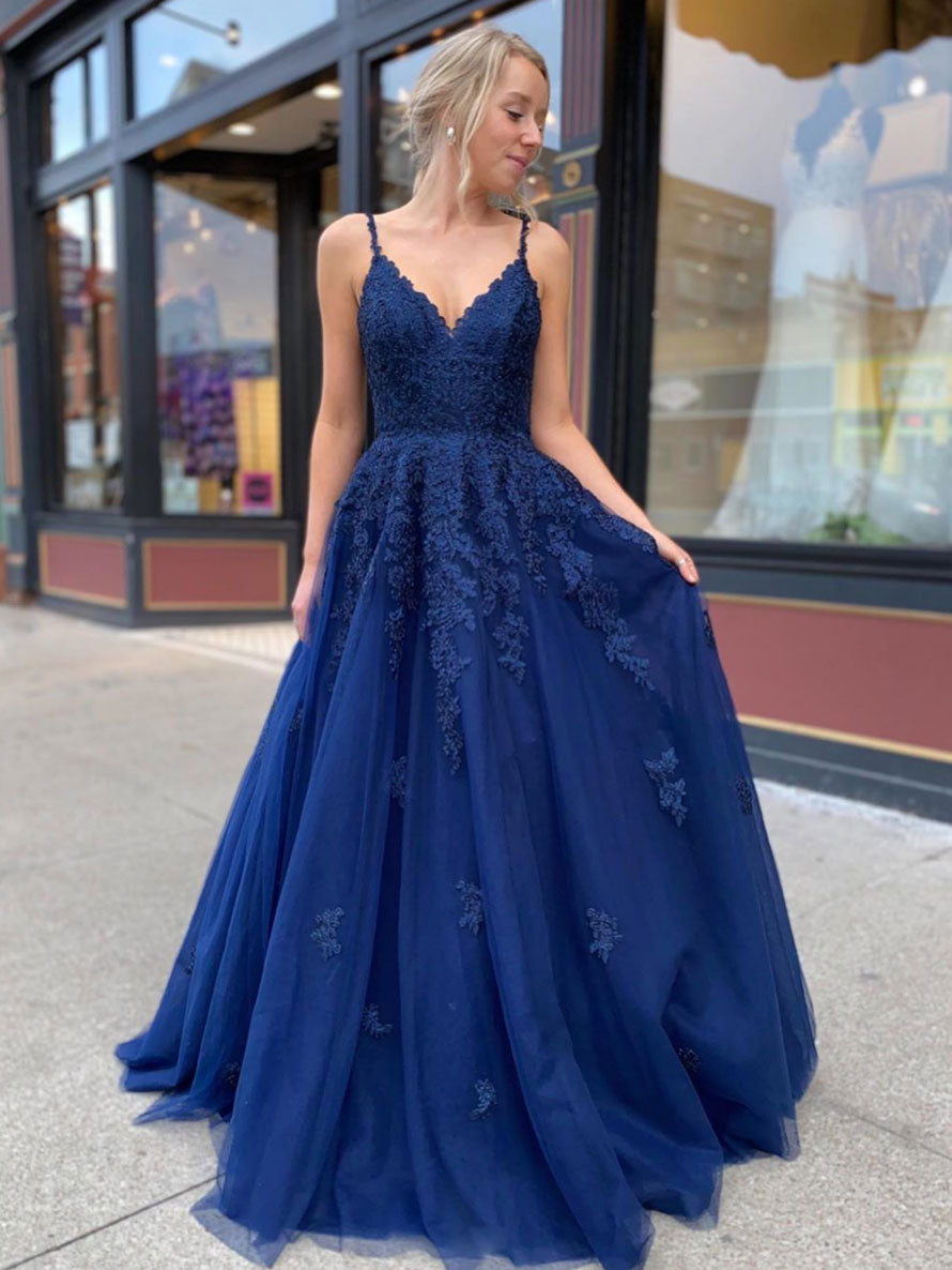 Dark blue lace tulle long prom dress dark blue bridesmaid dress