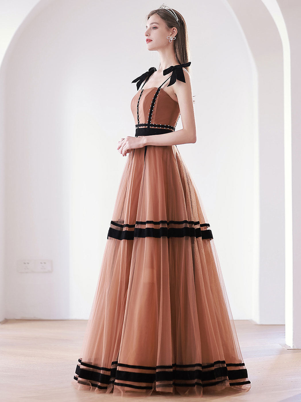 Elegant caramel color tulle long prom dress, tulle evening dress