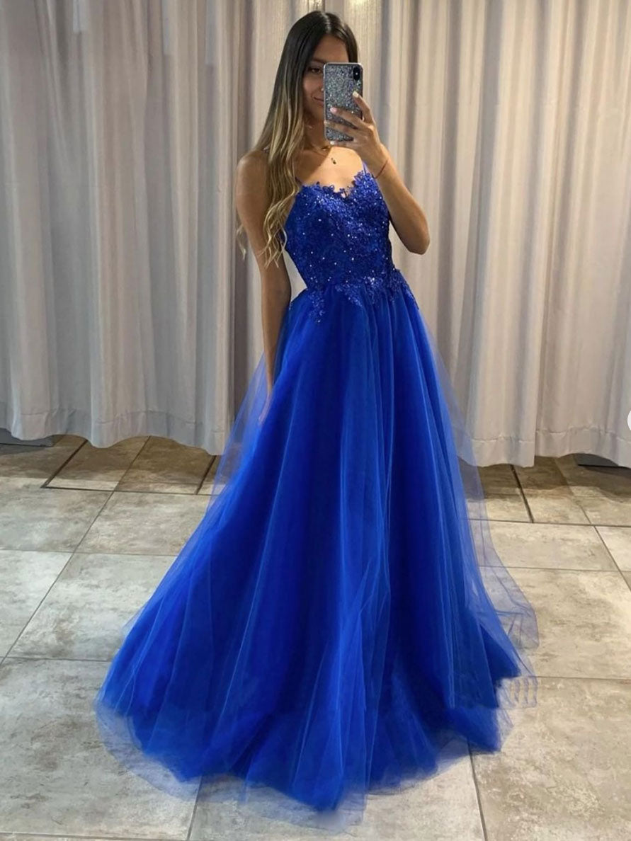 Blue tulle lace long prom dress, blue A-line tulle evening dress