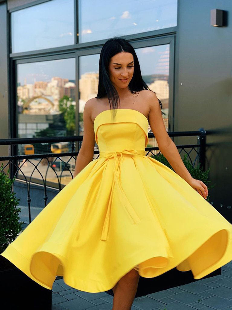 Yellow satin short prom dress yellow homecoming dress Yellow satin short prom dress yellow homecoming dress