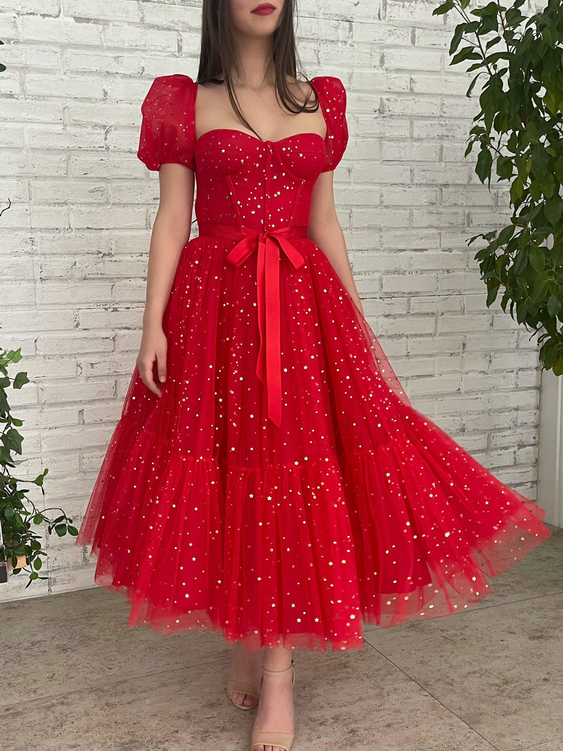 Red tulle tea length prom dress, red tulle bridesmaid dress Red tulle tea length prom dress, red tulle bridesmaid dress