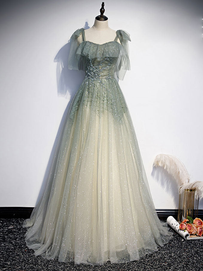 Gray green tulle long prom dress A line tulle formal dress