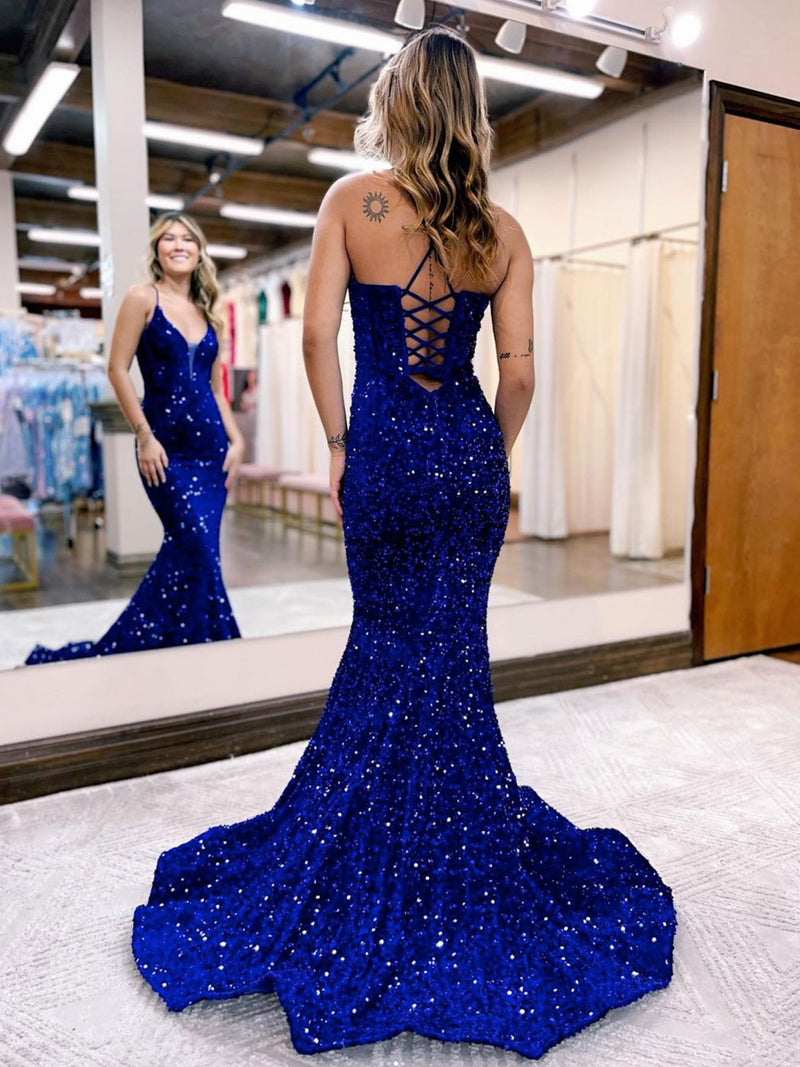 Blue Mermaid Velvet Sequin Long Prom Dresses, Blue Mermaid Formal Dress