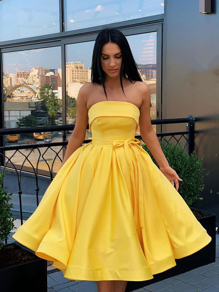 Yellow satin short prom dress yellow homecoming dress