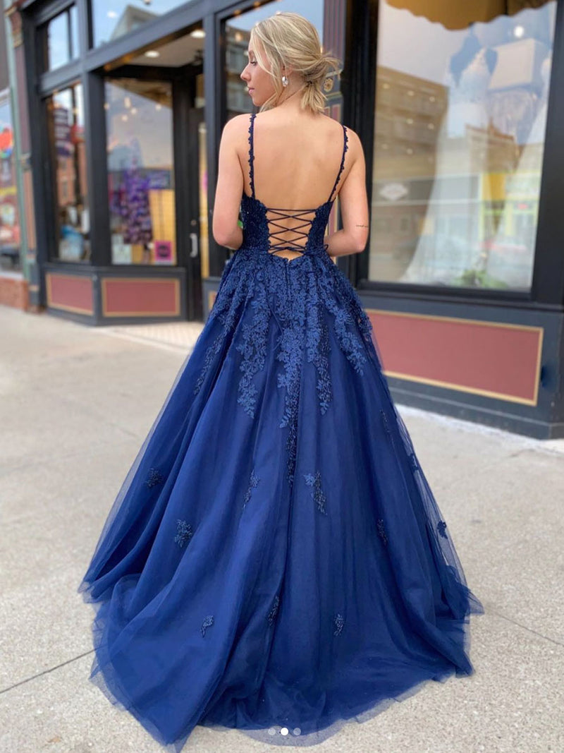 Dark blue lace tulle long prom dress dark blue bridesmaid dress