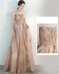 Champagne A line tulle lace long prom dress, champagne evening dress