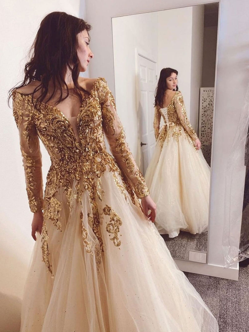 Gold v neck sequin tulle long prom dress, gold evening dress