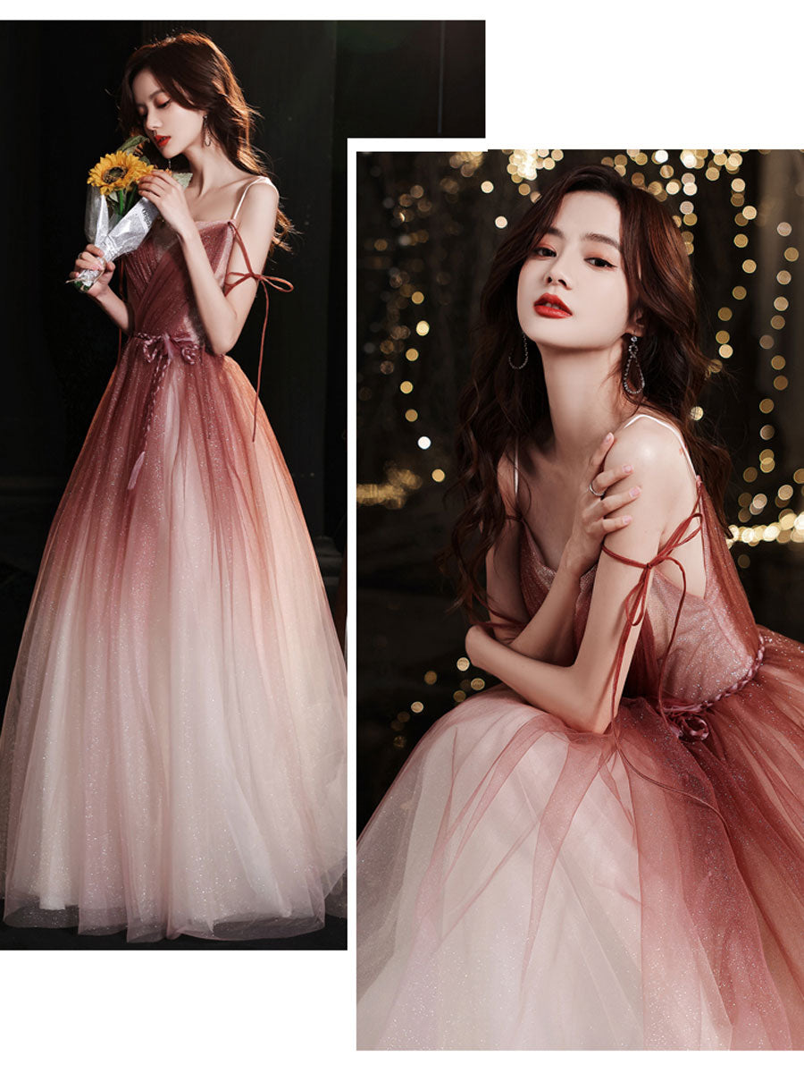 Simple burgundy tulle long prom dress, burgundy formal dress