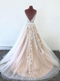 Champagne v neck tulle lace long prom dress tulle lace formal dress