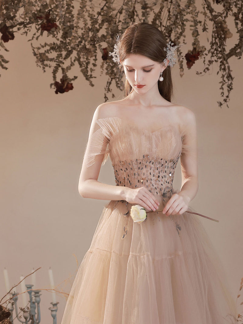Champagne tulle long prom dress, A line tulle formal dress