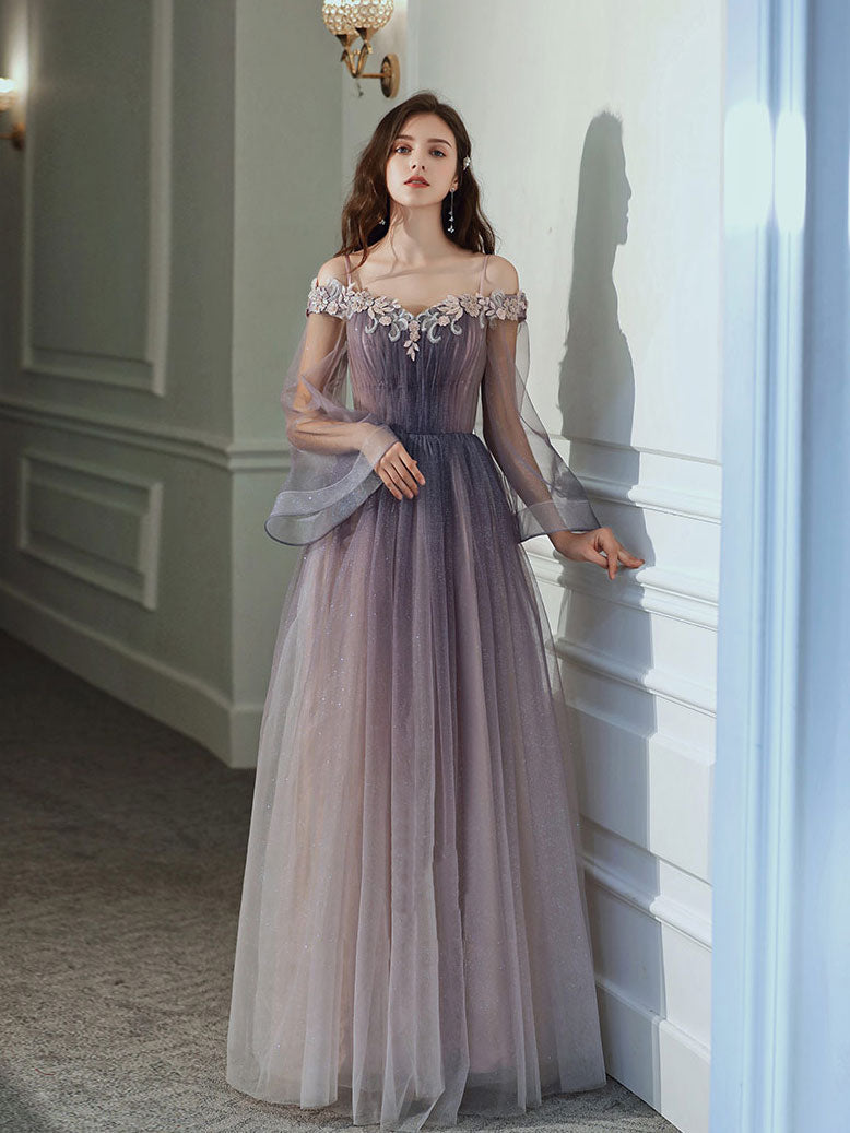 Purple tulle lace off shoulder long prom dress, purple evening dress toptby Purple tulle lace off shoulder long prom dress, purple evening dress toptby