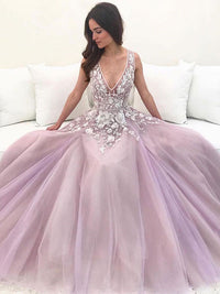Pink v neck tulle lace long prom dress pink tulle lace evening dress