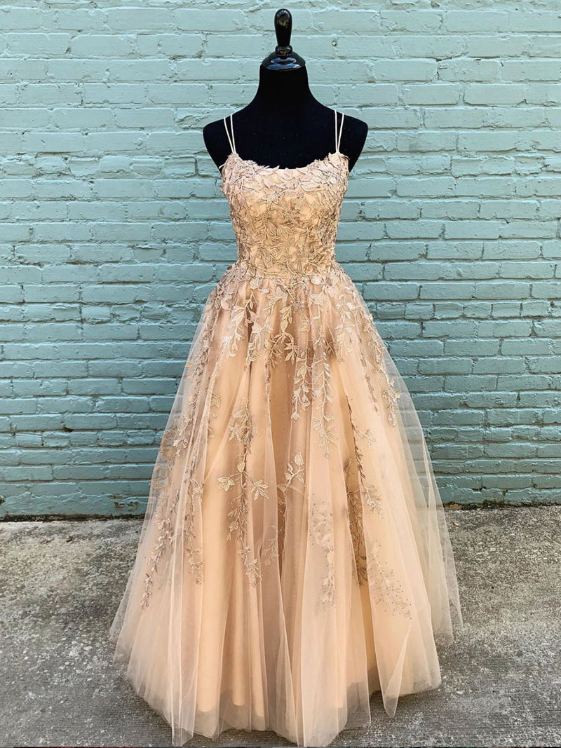 Champagne tulle lace applique long prom dress, tulle formal dress