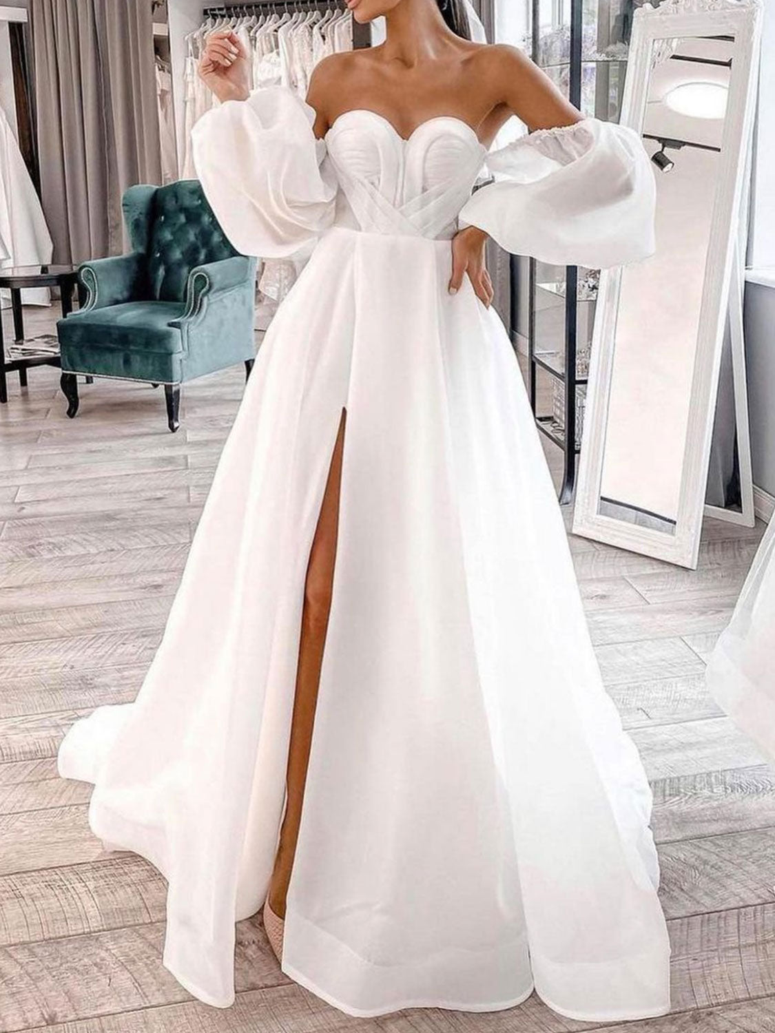 White sweetheart neck Organza long prom dress, white evening dress
