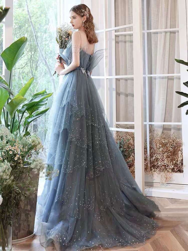 Gray blue tulle sequin long prom dress, gray blue tulle formal dress – toptby