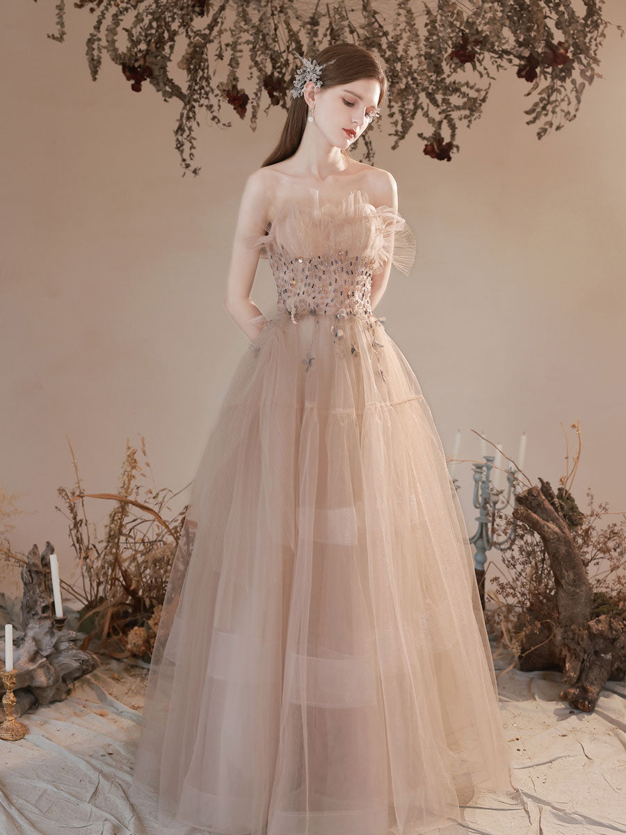 Champagne tulle long prom dress, A line tulle formal dress toptby Champagne tulle long prom dress, A line tulle formal dress toptby