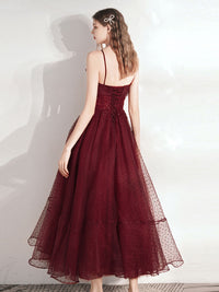 Burgundy tulle tea length prom dress, burgundy evening dress