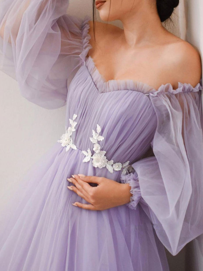 Purple tulle lace long prom dress purple long evening dress