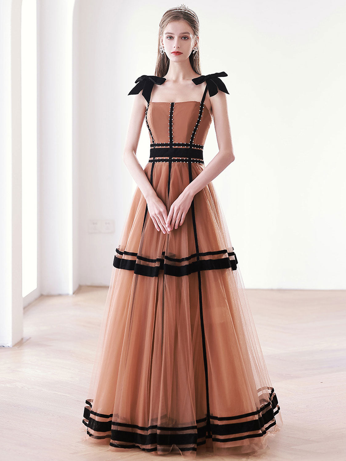 Elegant caramel color tulle long prom dress, tulle evening dress Elegant caramel color tulle long prom dress, tulle evening dress