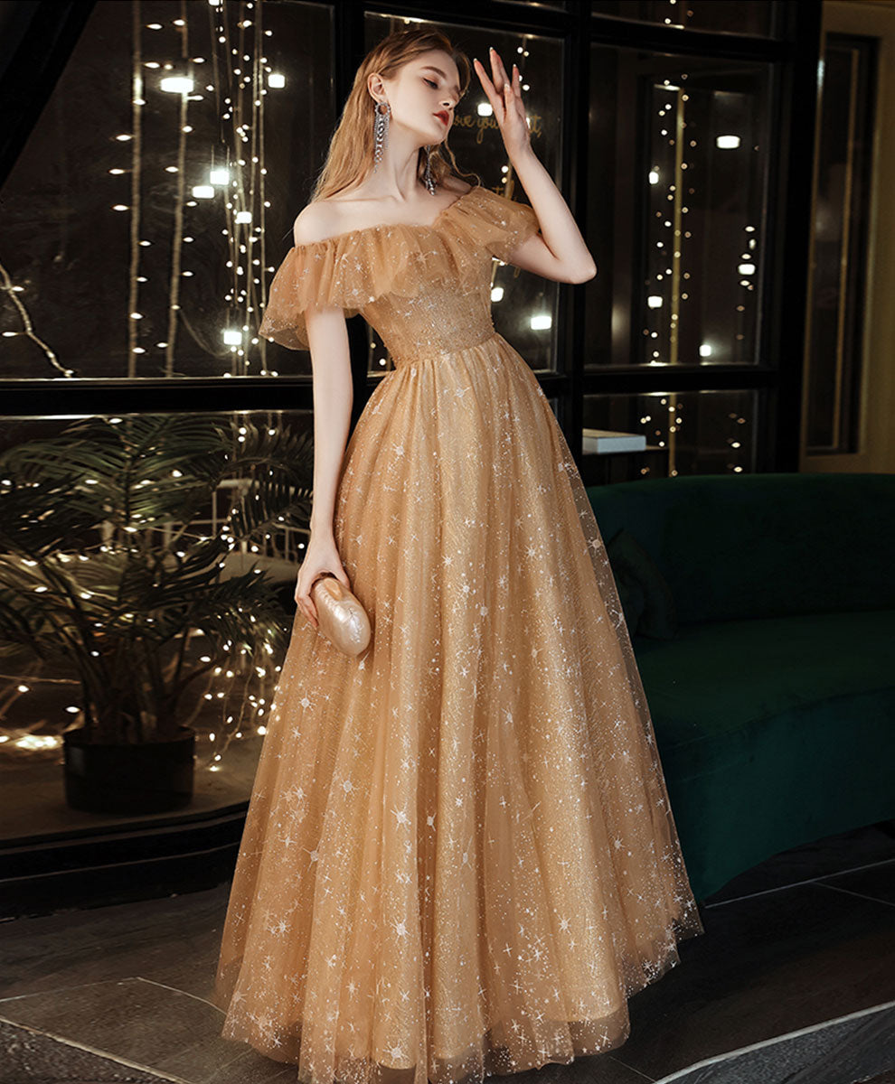 Gold off shoulder tulle long prom dress, gold evening dress toptby Gold off shoulder tulle long prom dress, gold evening dress toptby