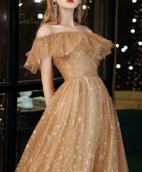Gold off shoulder tulle long prom dress, gold evening dress