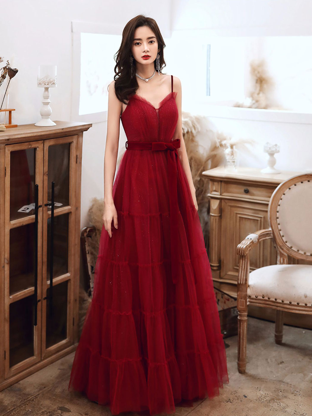 A-Line Burgundy Tulle Long Prom Dresses, Burgundy Formal Evening Dress toptby A-Line Burgundy Tulle Long Prom Dresses, Burgundy Formal Evening Dress toptby