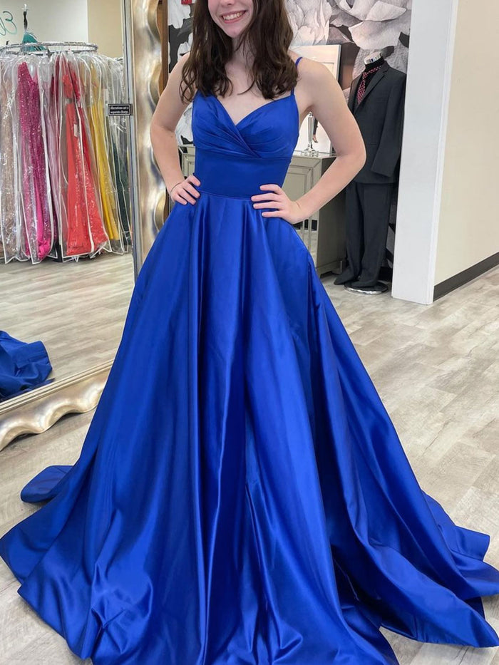 Simple blue satin long prom dress, blue evening dress