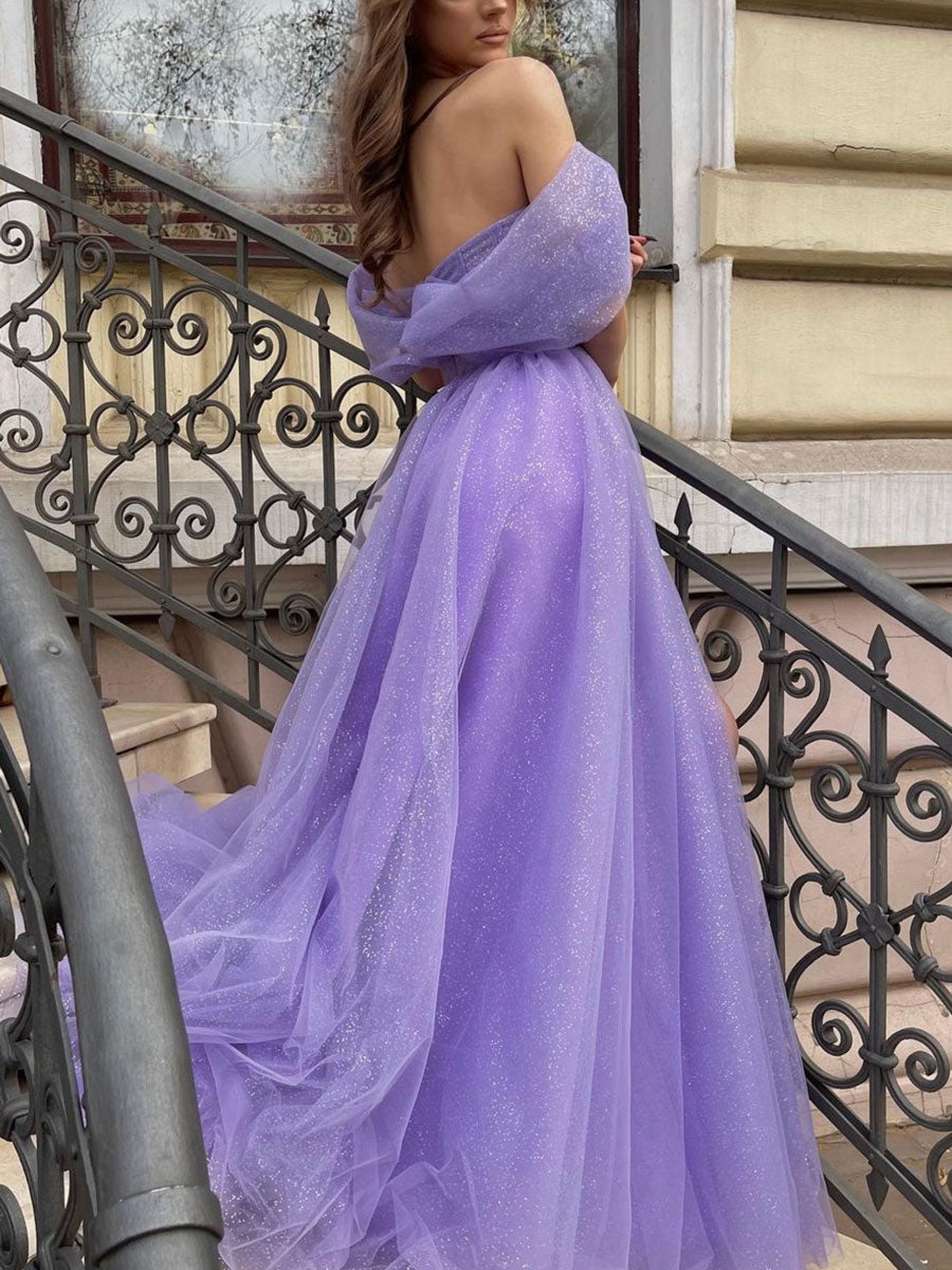 Purple off shoulder tulle long prom dress, A line tulle formal dress toptby Purple off shoulder tulle long prom dress, A line tulle formal dress toptby