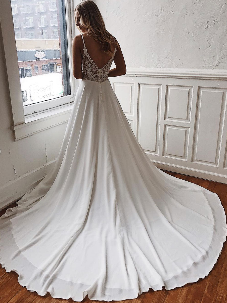 Simple white v neck long prom dress, white evening dress