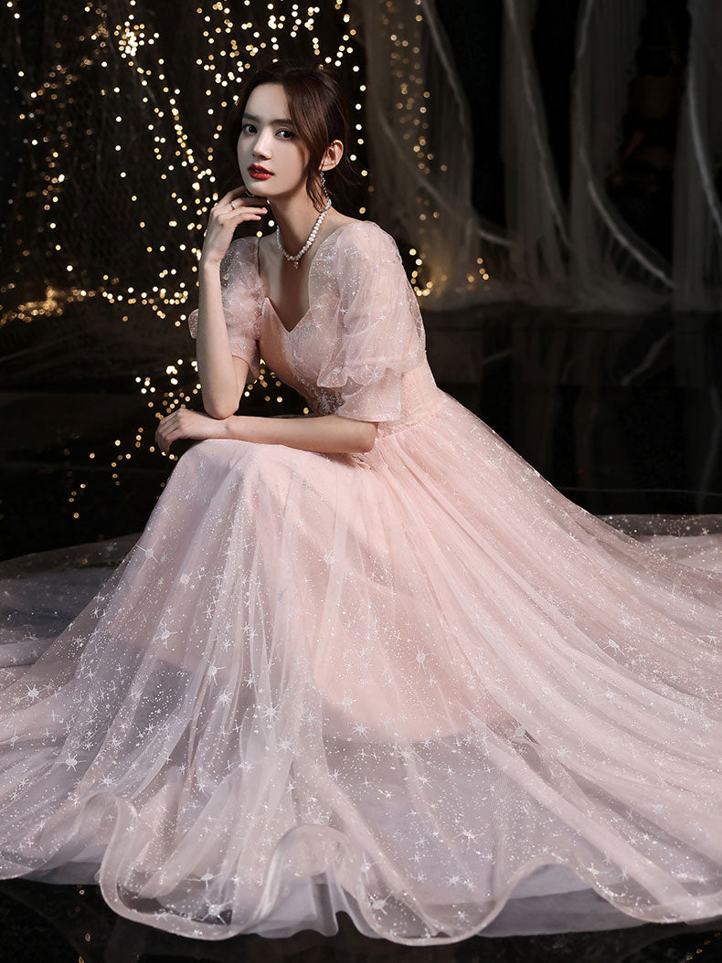 Pink tulle lace long prom dress, pink tulle evening dress toptby Pink tulle lace long prom dress, pink tulle evening dress toptby