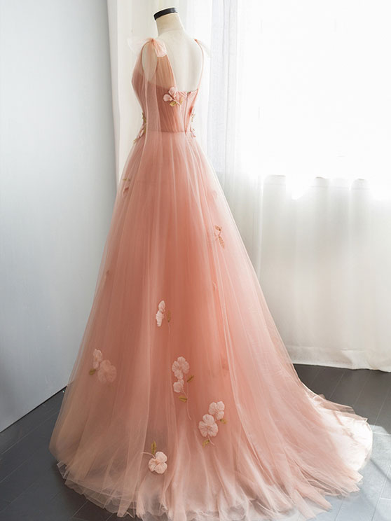Pink tulle long prom dress, Pink Tulle Flower Formal Evening Dresses