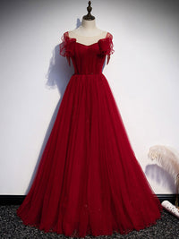 burgundy tulle round neck long prom dress burgundy evening dress – toptby