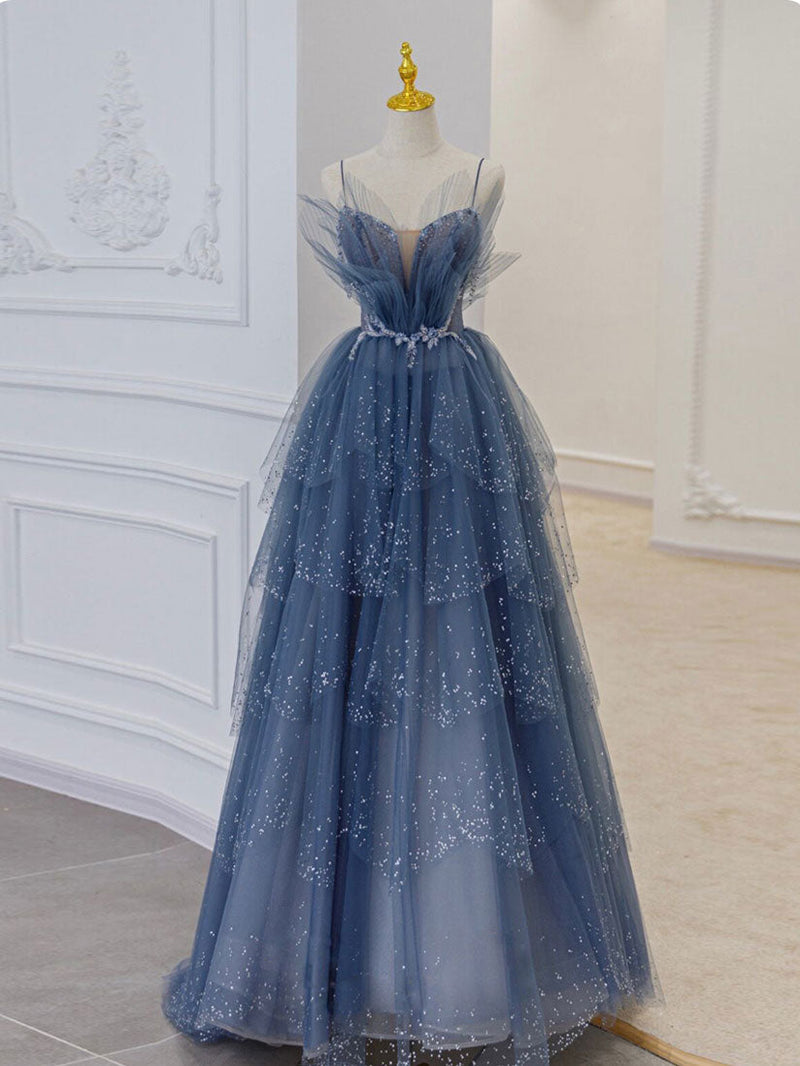 Gray blue tulle sequin long prom dress, gray blue tulle formal